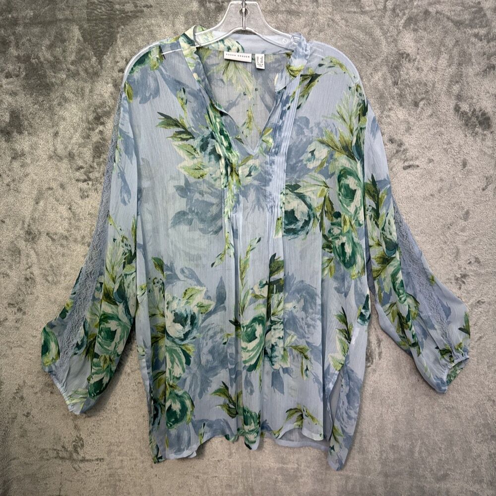 susan graver 1x tunic top blue green floral semi sheer long sleeve vneck
